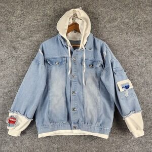 Jeans Hoodie Men's Distressed Denim Jacket Kanji Streetwear Blue XXL